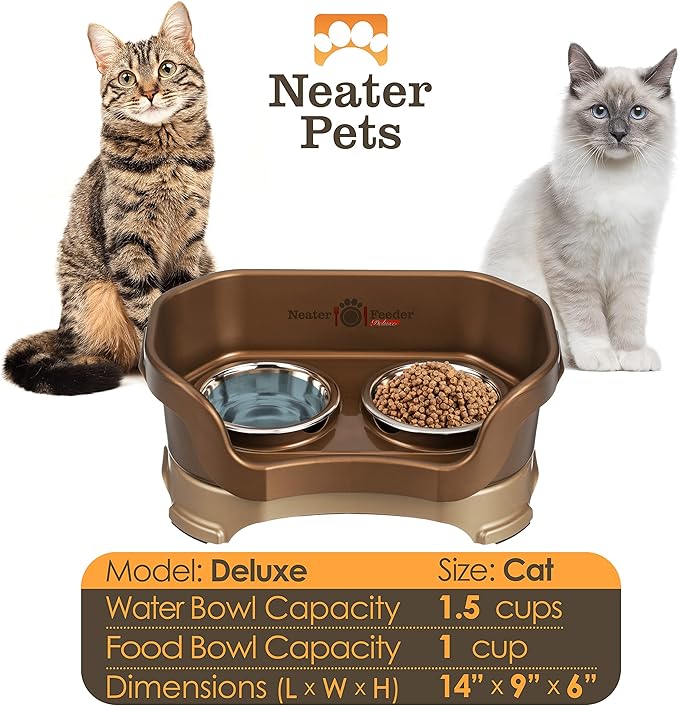 Neater Feeder Deluxe Mess Proof Cat Bowls Elevated for All Breeds – Made in USA – No Spill Raised Bowls for Indoor Cats – Stainless Steel Food and Water Bowl Set, Pet Dish Feeding Station, Bronze
