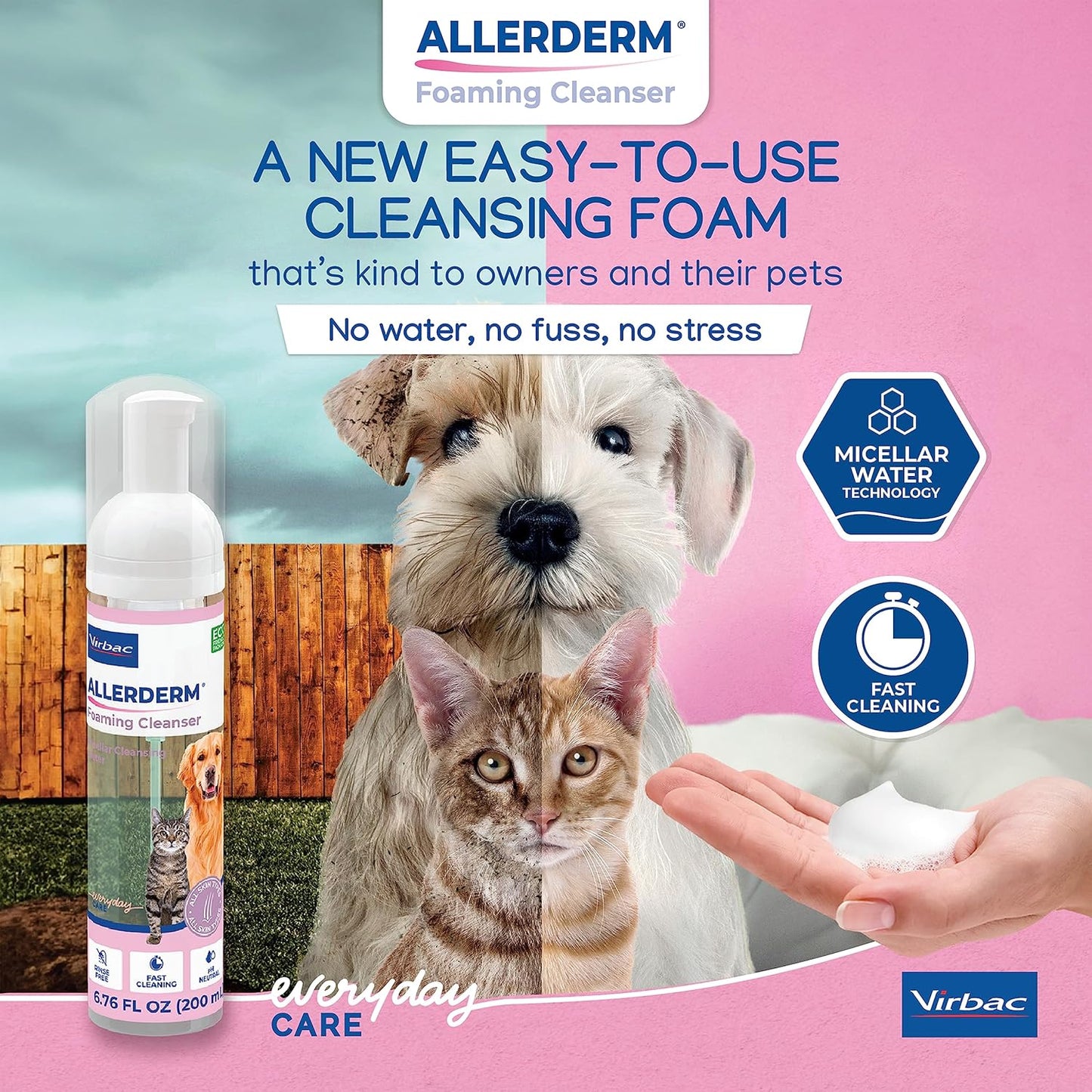 ALLERDERM Foaming Cleanser- Rinse-Free Waterless Micellar Foam for Dogs and Cats with Sensitive Skin by Virbac