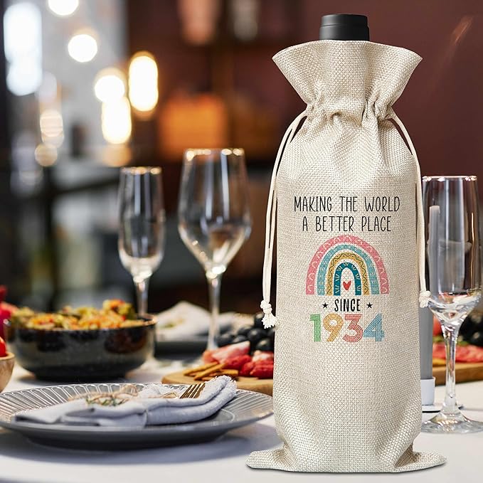 90th Birthday Gift For Women Men, Back In 1934 Birthday Wine Bag, Boho Rainbow Birthday Party Decoration Wine Bag Gifts, Happy 90th Birthday Decor For Mom Dad Grandma Grandpa, A08