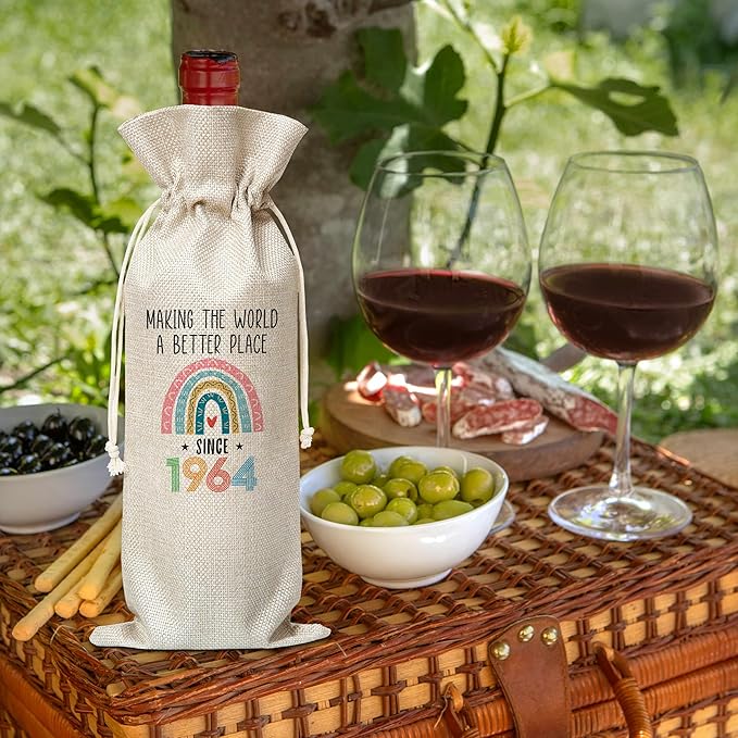 60th Birthday Gift For Women Men, Back In 1964 Birthday Wine Bag, Boho Rainbow Birthday Party Decoration Wine Bag Gifts, Happy 60th Birthday Decor For Mom Dad Grandma Grandpa, A05