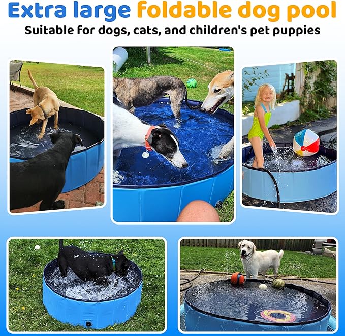 71" x 12" Foldable Dog Pool - Collapsible Hard Plastic Kiddie Pool for Dogs & Kids, Non-Slip Pet Bath Tub for Outdoor Backyard Use, Lightweight & Portable (Blue)