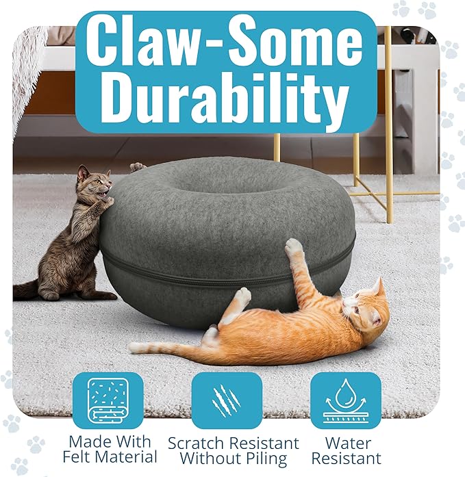 Okoco Cat Tunnel Bed for Indoor Cats Large, 24" Peekaboo Cat Cave Donut Bed for Pets up to 45lbs, 2-in-1 Round Tube with Hanging Ball Toy & Removable Machine Washable Parts (Dark Gray)