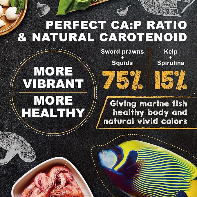 Ultra Fresh Marine Fish Food, 75% Sword Prawns + Squids, Natural Protein, Color Enhancement, for Large Saltwater Fish, Marine Shrimp Patties L 5.29oz