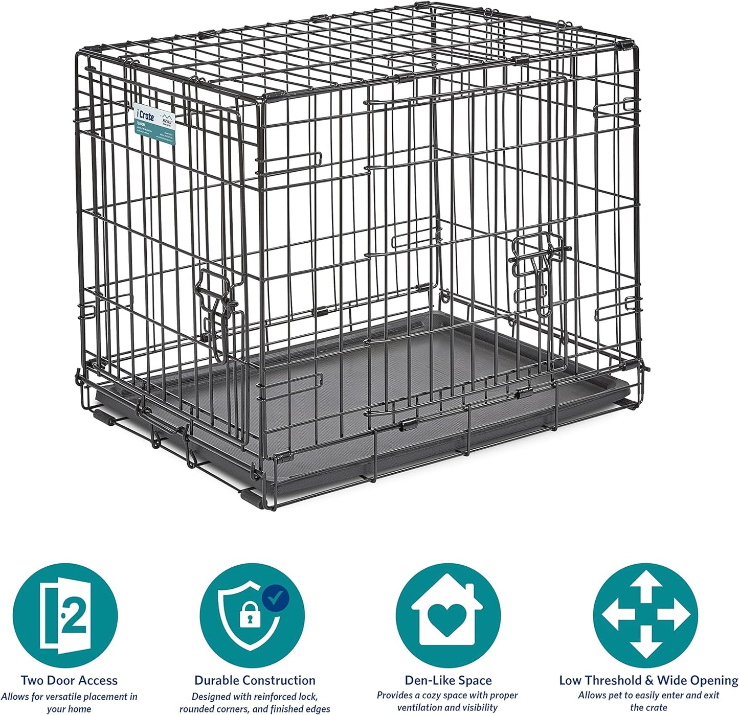 MidWest Homes for Pets 24-Inch Two-Door iCrate Folding Dog Crate with Divider Panel, Leak-Proof Tray & Secure Latches – Metal Wire Kennel for Small Breeds – Portable, Durable & Easy to Assemble