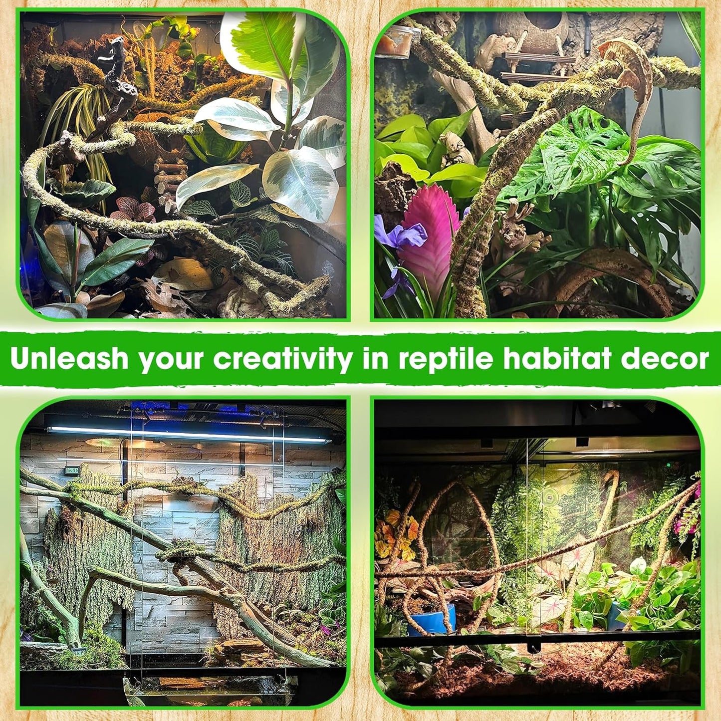 Duspro 6.5FT Reptile Vine & Moss Set for Climbing Bendable Branch, Natural Moss Rope Jungle Decor for Bearded Dragon, Chameleon Tank Accessories, Snake Gecko Lizard Terrarium