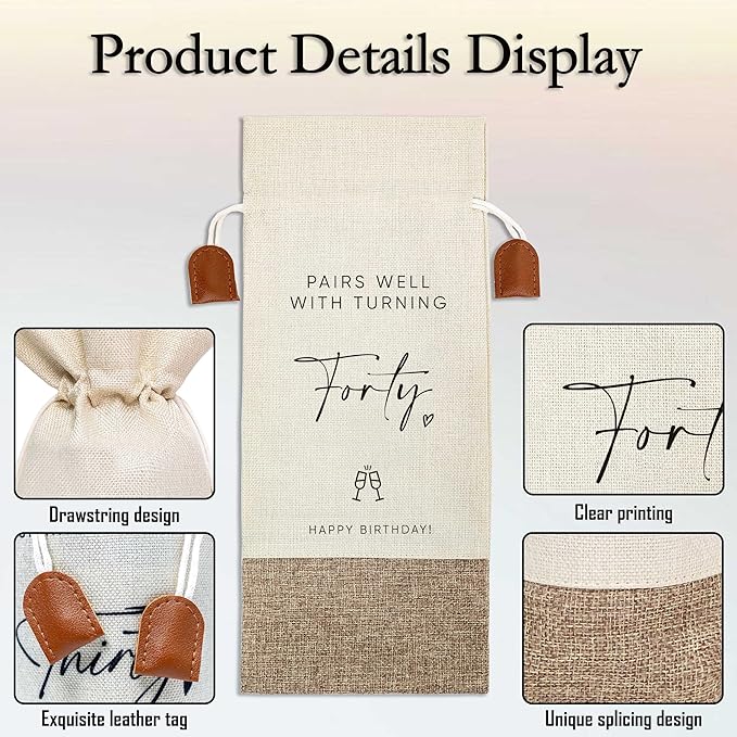 40th Birthday Wine Bag, Cotton Linen Wine Gift Bag With Drawstring, Wine Champagne Bottle Gift Bag, Forty Years Old Birthday Gifts Wine Bag for Woman Man, 40th Birthday Party Favors-5