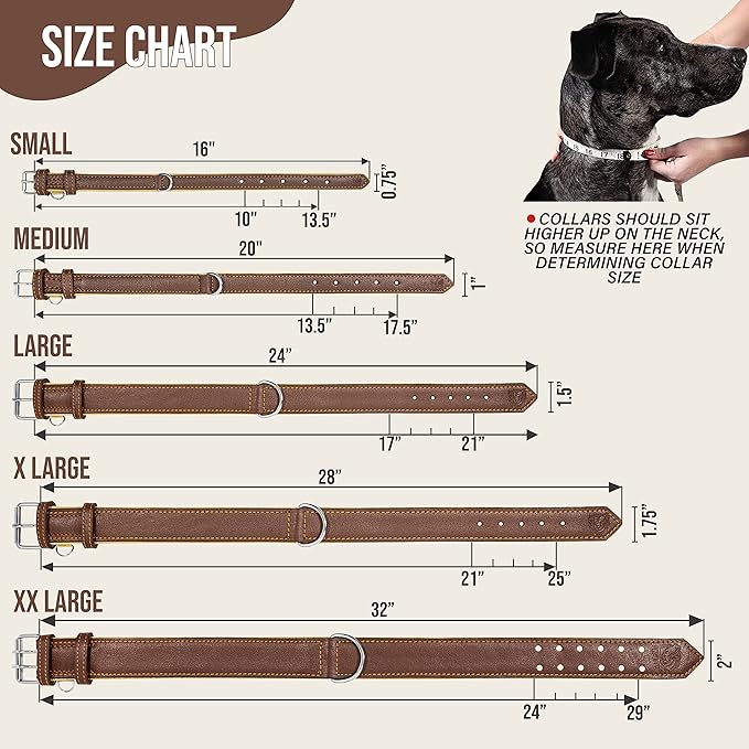 Riparo Brown Leather Dog Collar - Heavy Duty Wide Dog Collar for Small, Medium, Large and Extra Large Dogs with Dog Tag Holder (XL: 1.75" Wide for 21”-25” Neck, Brown)