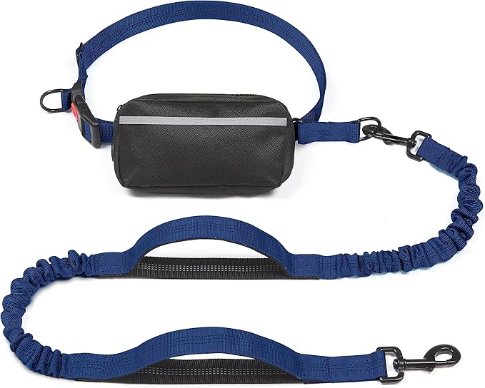 iYoShop Hands Free Dog Leash with Zipper Pouch, Dual Padded Handles and Durable Bungee for Walking, Jogging and Running Your Dog (Large, 25-120 lbs, True Navy)