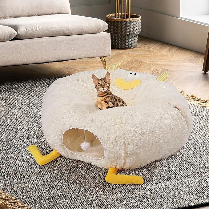 Cat Tunnel Bed for Indoor Cats - Cute Cat Donut Tunnel with Washable Circle Cushion - Multi-Purpose Cat Bed & Peekabo Cave, Pet Playground Toys for Kittens, Puppy, Rabbit (White)