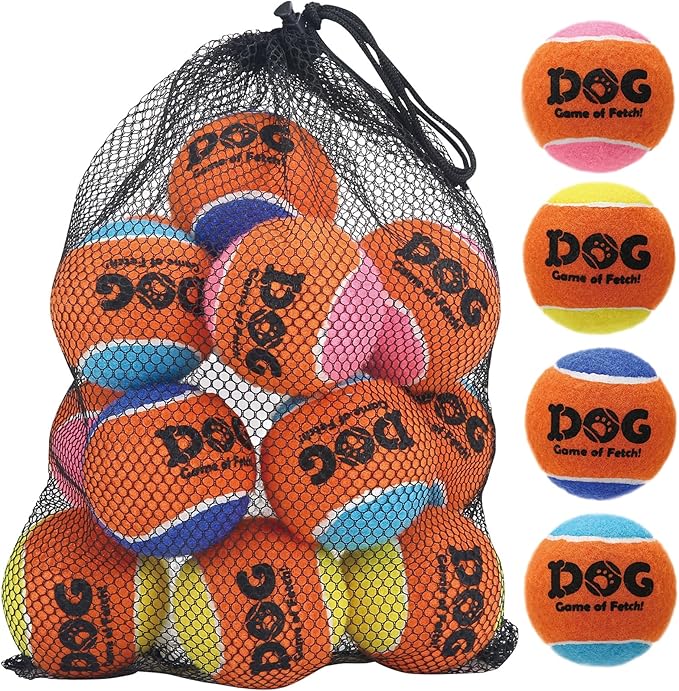AMA SPORT Squeaky Tennis Balls for Dogs 2.5" Small Medium Dog Tennis Balls for Throwing and Fetching Dog Toys for Training, Exercise, High Bouncing 12 Pack (Multicolor A)