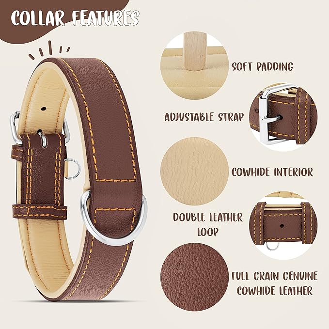 Riparo Brown Leather Dog Collar - Heavy Duty Wide Dog Collar for Small, Medium, Large and Extra Large Dogs with Dog Tag Holder (XL: 1.75" Wide for 21”-25” Neck, Brown)