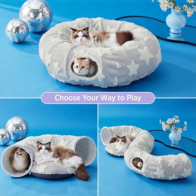Lesure Cat Tunnel Bed for Indoor Cats - Cute Cat Donut Tunnel Toys for Small Large Cats with Washable Circle Cushion, Round Pet Peekaboo Cave Toy for Kitten/Puppy/Rabbit, Standard Grey