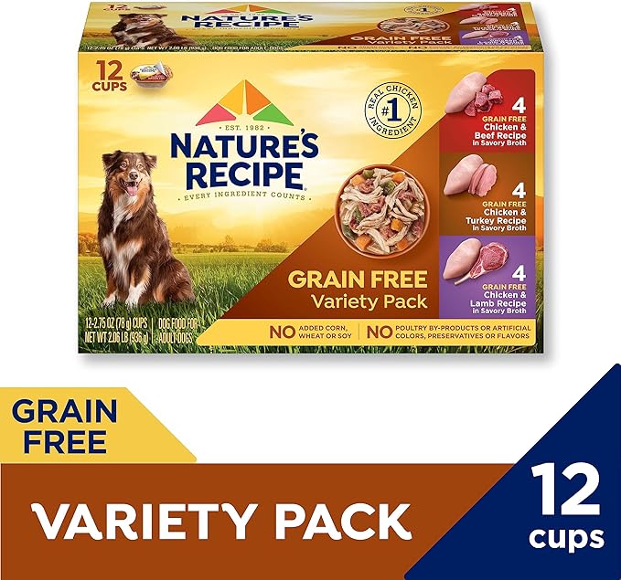 Nature's Recipe Grain Free Wet Dog Food Variety Pack, Chicken & Beef Recipe, Chicken & Turkey Recipe and Chicken & Lamb Recipe in Savory Broth, 12-2.75 oz. Cups, 2 Count