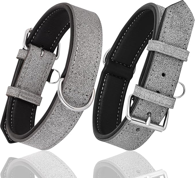 Riparo Adjustable Leather Dog Collar - Heavy Duty Wide Dog Collar for Small, Medium, Large and Extra Large Dogs with Dog Tag Holder (L: 1.5" Wide for 17"-21" Neck, Gray/White Thread)