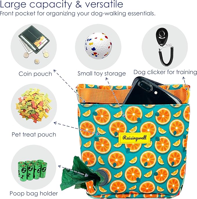 Dog Treat Pouch for Pet Walking and Training with Clicker 2 Cup Silicone Bag Small Fanny Pack Holder for Puppy Snack Dispenser Kit for Leash and Outdoor Use (Fruit Orange)