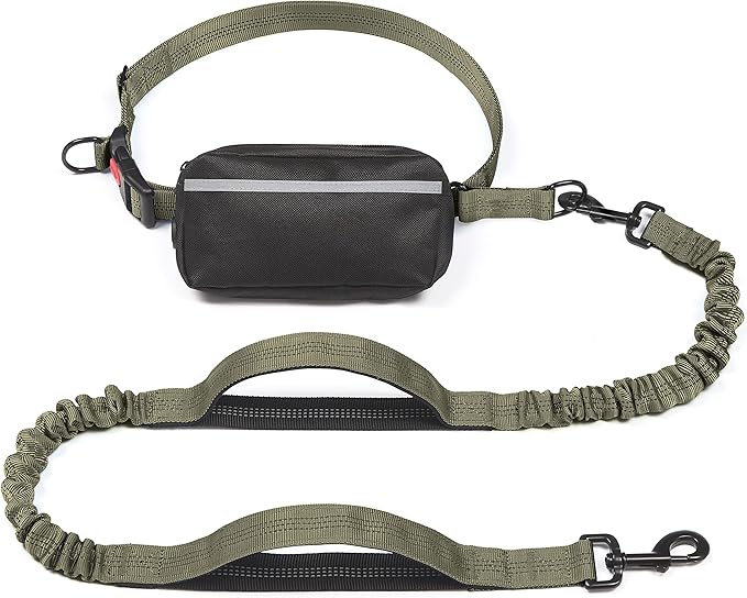 iYoShop Hands Free Dog Leash with Zipper Pouch, Dual Padded Handles and Durable Bungee for Walking, Jogging and Running Your Dog (Military Green, 8-25 lbs, Medium)