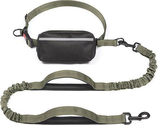 iYoShop Hands Free Dog Leash with Zipper Pouch, Dual Padded Handles and Durable Bungee for Walking, Jogging and Running Your Dog (Military Green, 8-25 lbs, Medium)