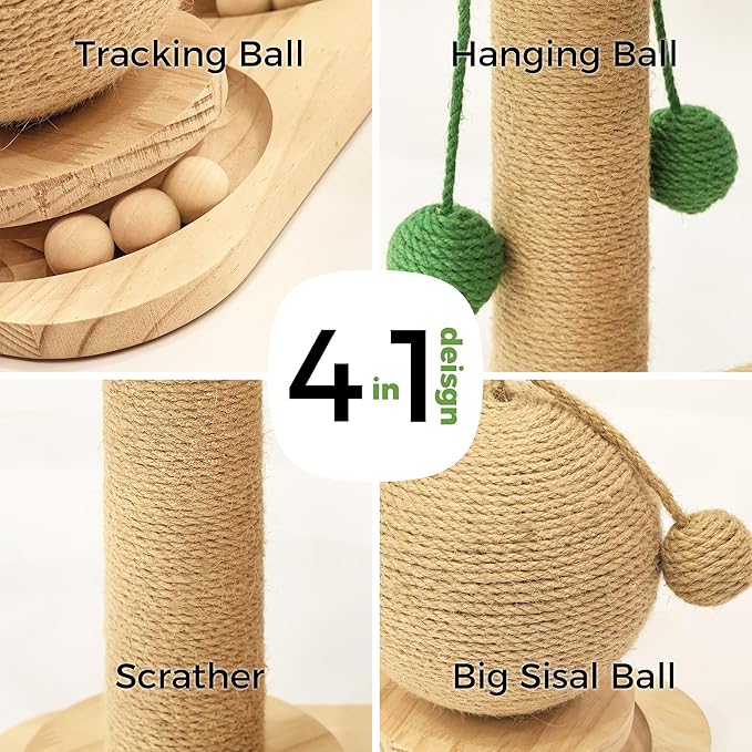 Cat Scratching Post, Wooden Cat Scratcher Toy for Indoor Cats, Sisal Ball Toy with Hanging and Track Balls, 17.7" Tall Banana Tree Cat Tower for Kittens