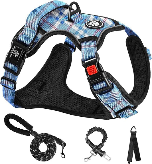 NESTROAD No Pull Dog Harness with Leash, Reflective No Choke Pet Vest Harness,Adjustable Soft Padded Dog Harness with Easy Control Handle for Large Dogs(Checkered Blue,X-Large)