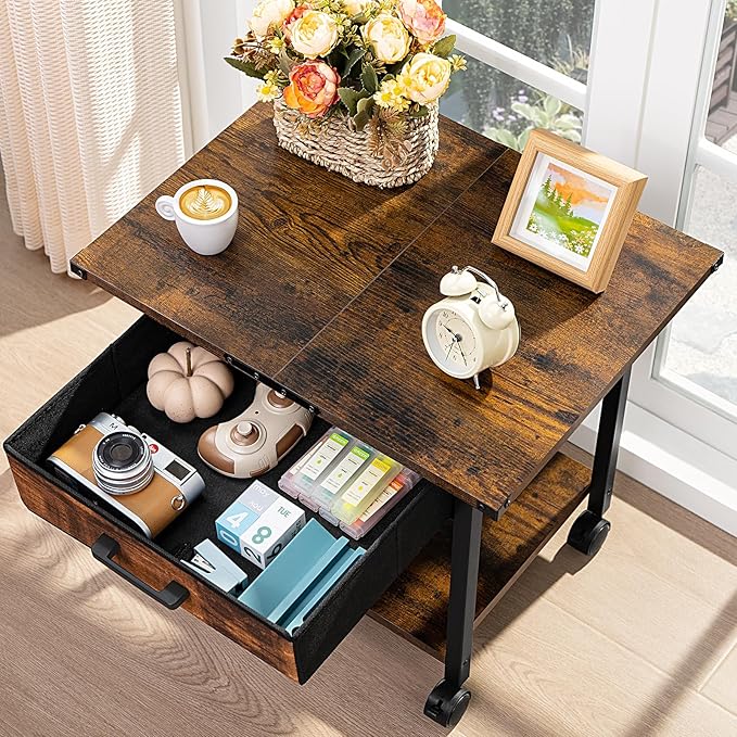 Lerliuo Under Desk Rolling Printer Stand with Drawer, 2-Tier Industrial Mobile Printer Table Desk with Storage Shelf and Steel Frame, Printer Cart Holder with Lockable Wheels for Home, Office (Brown)