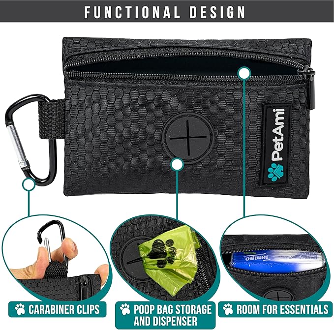 PetAmi Dog Poop Bag Holder for Leash, Dog Poop Bag Dispenser with Clip, Dog Waste Bag Holder for Pet, Dog Treat Pouch, Doggy Walking Camping Accessories with Trash Bag Roll, Black 1 Pack