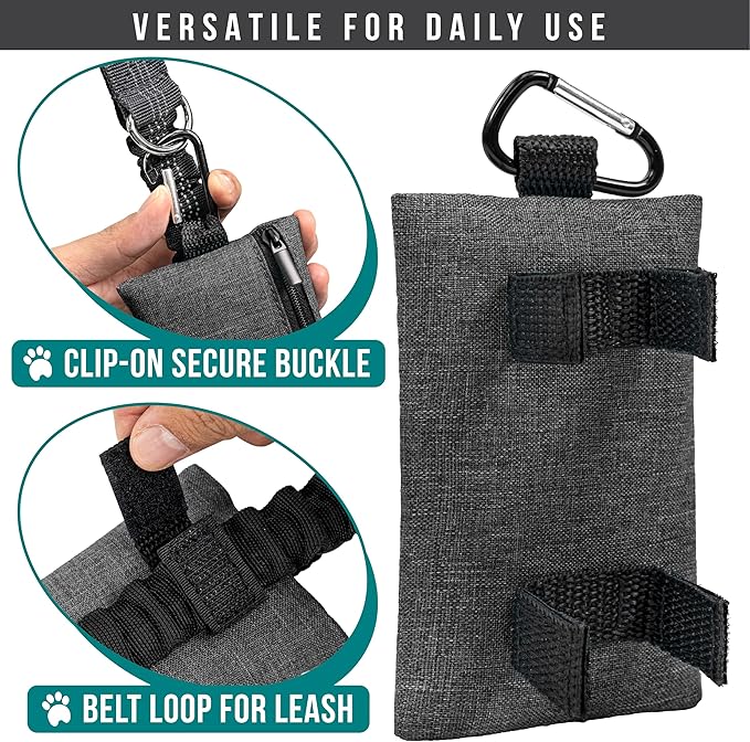 PetAmi Dog Poop Bag Holder for Leash, Dog Waste Bag Dispenser with Clip, Treat Pouch, Walking & Camping Accessory with Trash Bag Roll, Gray 1 Pack