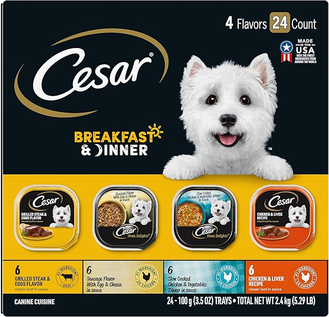 Cesar Wet Dog Food Home Delights & Classic Loaf in Sauce, Breakfast & Dinner Variety Pack, 3.5 oz. Easy Peel Trays (24 Count, Pack of 1)