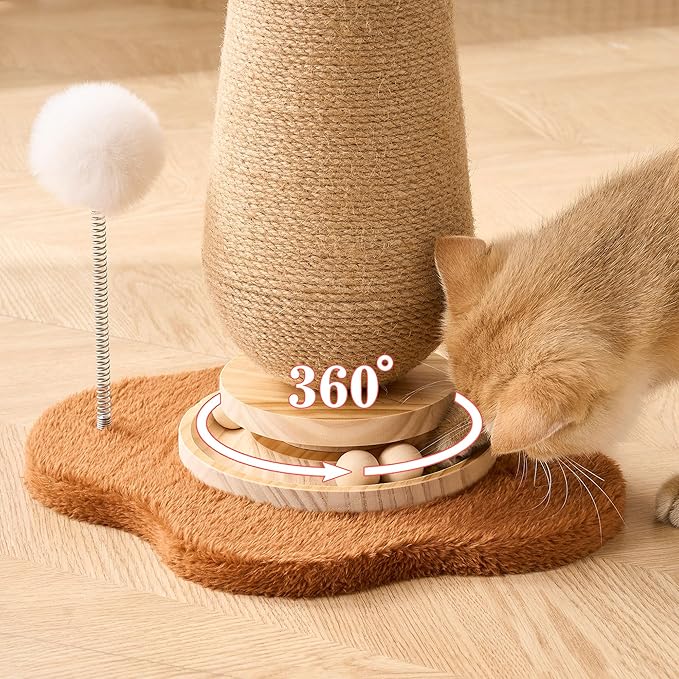Mushroom Cat Scratching Post Cat Tree, 21.5‘’ H Cute Cat Scratcher Tower with Durable Solid Wood Turntable Toy, Acorn Brown Mushroom Scratch Post Cat Sisal Scratcher with Catnip for Indoor Cats