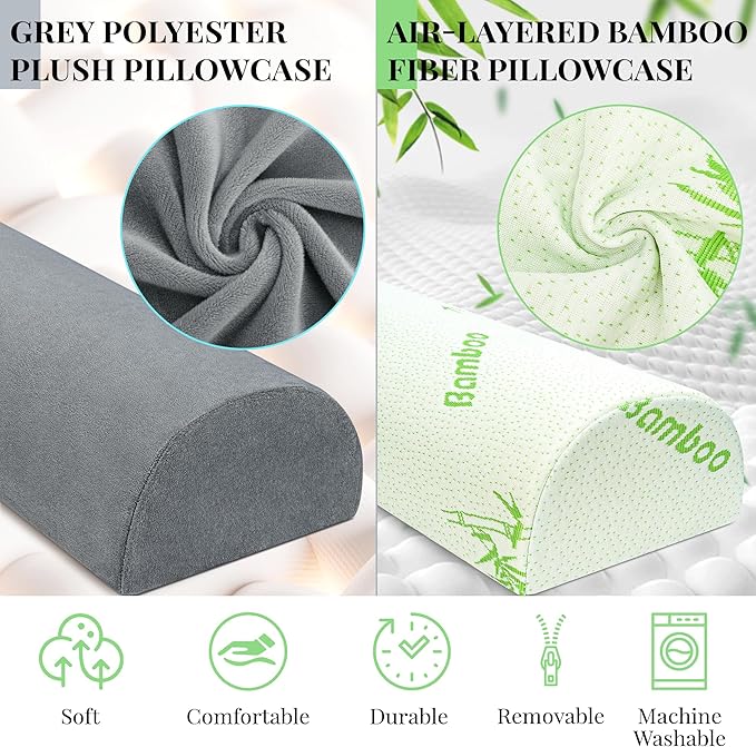 Large Knee Pillow for Side Sleepers Memory Foam Leg Pillows for Sleeping Yoga Bed Half Moon Bolster Pillow for Neck Pain Relief with 2 Pillowcases 23.6"x8.7"x5"(Grey+Green, Extended Size)