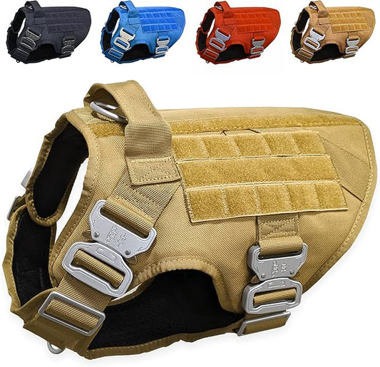 Tactical Dog Harness with Metal Buckle; Military Style Tactical Dog Vest Harnesses; Heavy Duty Harness for Extra Large Dogs with All Metal Components. Tan Extra Large (XL)