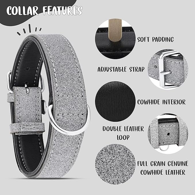 Riparo Adjustable Leather Dog Collar - Heavy Duty Wide Dog Collar for Small, Medium, Large and Extra Large Dogs with Dog Tag Holder (L: 1.5" Wide for 17"-21" Neck, Gray/White Thread)