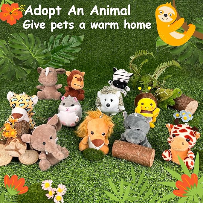 36Pcs Adopt an Animals Party Favors, Mini Safari Stuffed Animals Adopt A Pet Set Includes 12 Jungle Stuffed Animals 12 Kraft Paper Bags 10 White Plastic Fence Mini Chalkboard & Chalk Marker