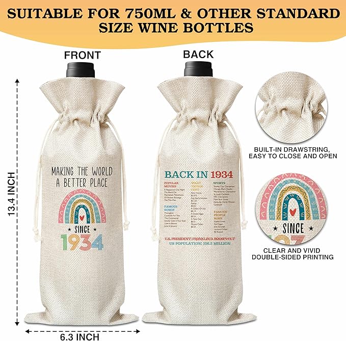 90th Birthday Gift For Women Men, Back In 1934 Birthday Wine Bag, Boho Rainbow Birthday Party Decoration Wine Bag Gifts, Happy 90th Birthday Decor For Mom Dad Grandma Grandpa, A08