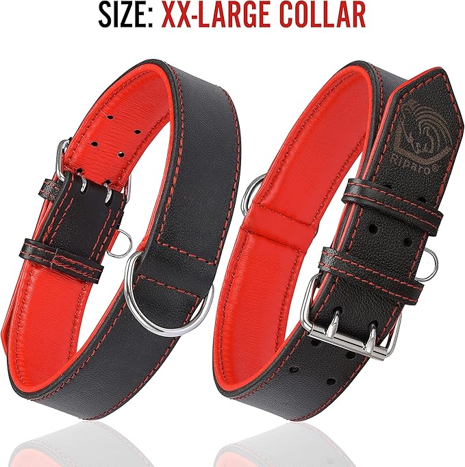 Riparo Adjustable Leather Dog Collar - Heavy Duty Wide Dog Collar for Small, Medium, Large and Extra Large Dogs with Dog Tag Holder (XXL: 2” Wide for 24”-29” Neck, Black/Red Thread)
