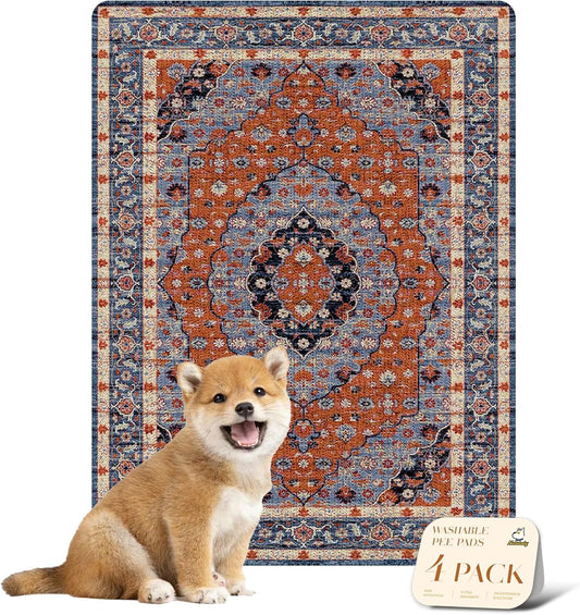 nunubaby 4PACK Washable Pee Pads for Dogs, Stylish, Non-Slip and Leak-Proof Pee Pads. Reusable Potty Pads for Dogs for Crates and Floors.(Red/Floral, 18" x24")