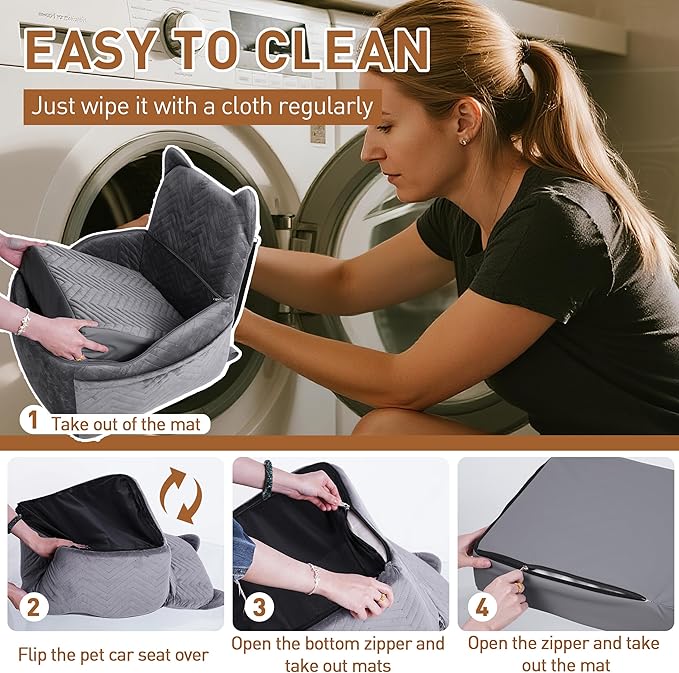 Dog Car Seat Booster with Waterproof Cover, Memory Foam, Small/Medium Dog Bed for Car Back Seat for Travel, Grey, 2 Safety Belt