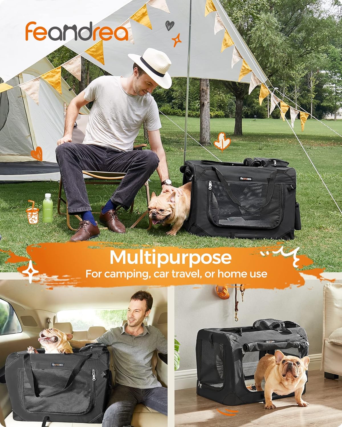 Feandrea 24 Inches Collapsible Soft Dog Crate, Portable Travel Dog Crate for Indoor and Outdoor Use, Dog Carrier Kennel with Safety Zippers, for Living Room, Car, Travelling, Camping, Black UPDC60H