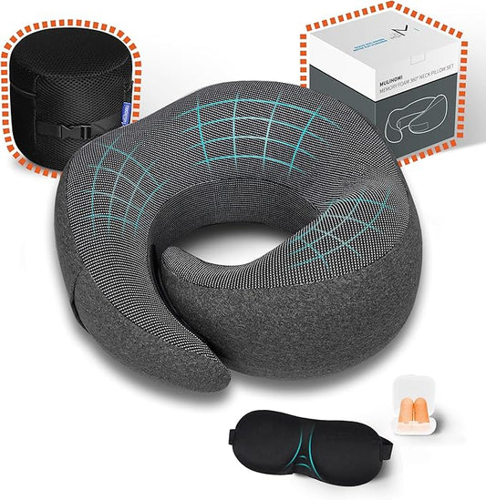 MULIHOMI™ New Packaging Updated Travel Pillow for Airplane with 100% Memory Foam, 360° Adjustable Full Surrounding Flying Neck Pillows, Travel Pillow Set with 3D Eye Masks, Earplugs (Black)