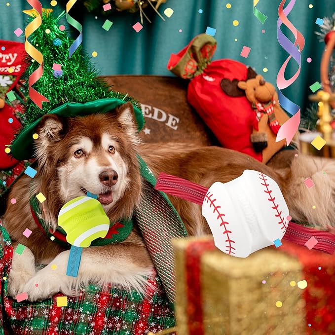 Dog Balls with Straps for Tugging 2 Pcs, Interactive Dog Toys, Puppy Toys to Keep Them Busy, High Bouncy Balls for Dogs, Tennis Ball Base Ball Toys