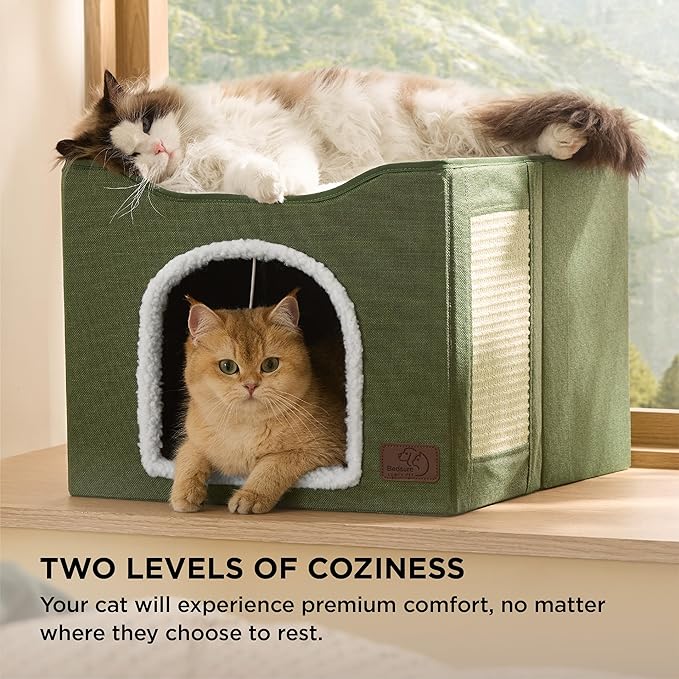 Bedsure Cat Beds for Indoor Cats - Large Cat Cave for Pet Cat House with Fluffy Ball Hanging and Scratch Pad, Foldable Cat Hideaway, 16.5x16.5x13 inches, Loden Green