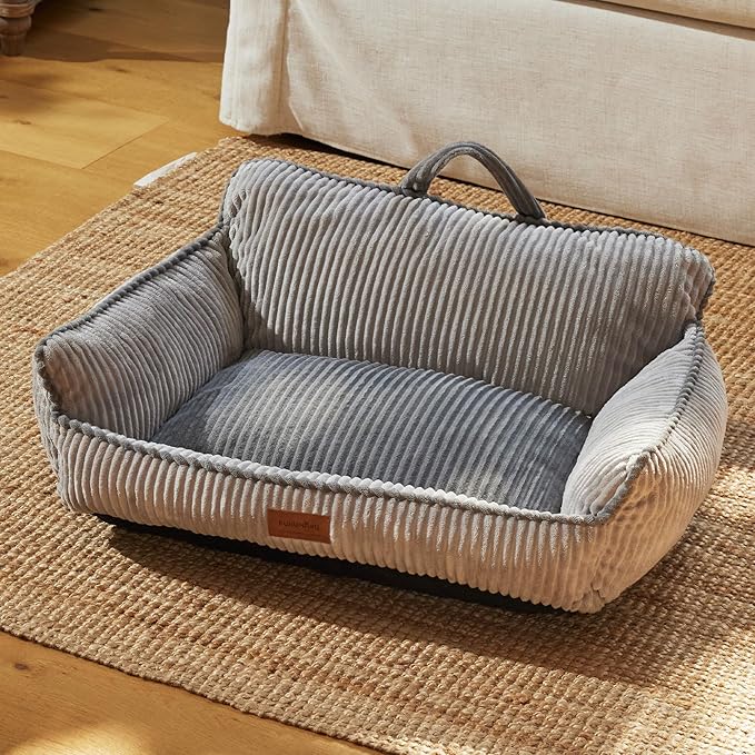 FUKUMARU Cat Couch Bed, Fluffy Corduroy Cat Beds for Indoor Cats with Washable Cover, Waterproof Small Dog Sofa Beds with Portable Handle and Anti-Slip Bottom, Pet Beds & Furniture 28inch, Grey