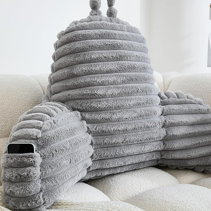 WERDIM Reading Pillow for Sitting in Bed, Faux Fur Back Pillow for Bed Rest, Bed Chair Pillow with Arms and Pockets(Large, Grey)