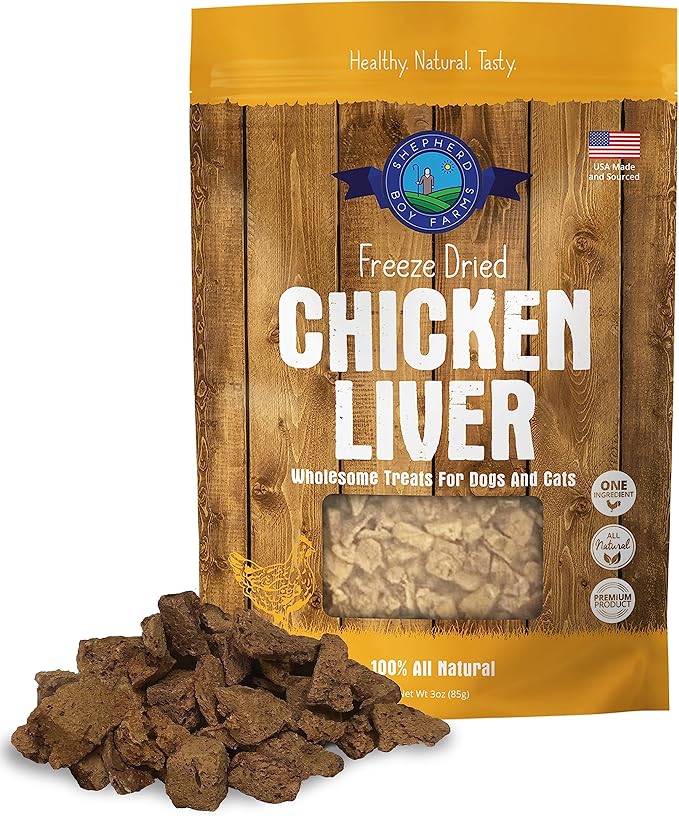 Freeze Dried Dog and Cat Treats, Chicken Liver, All Natural Single Ingredient Freeze-Dried Dog Treat & Snacks, Made in USA, High Protein, Essential Nutrition Raw Food, 3oz