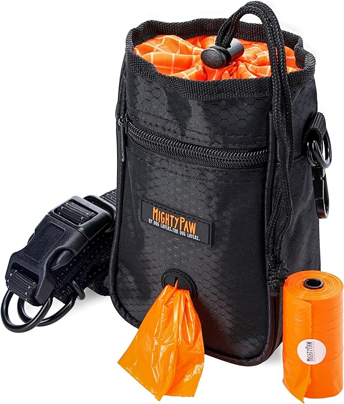 Mighty Paw Dog Treat Bag - Drawstring Closure Pouch - Includes Carabiner Hook and Pick-up Bags - With Reflective Belt - Dog Training Treats Pouch (Black)