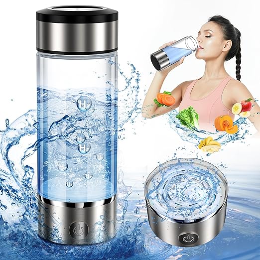 Hydrogen Water Bottle, 14OZ Portable Hydrogen Water Bottle Generator, 3 Min SPE PEM Technology Hydro Infused Water Ionizer, Glass Hydrogen Water Machine, Gift for Home, Office, Travel-Silver