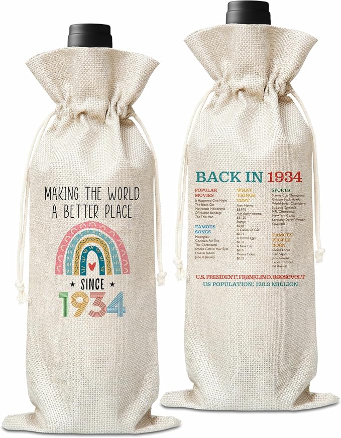 90th Birthday Gift For Women Men, Back In 1934 Birthday Wine Bag, Boho Rainbow Birthday Party Decoration Wine Bag Gifts, Happy 90th Birthday Decor For Mom Dad Grandma Grandpa, A08