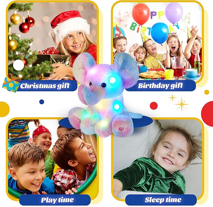 Glow Guards Light up Rainbow Elephant Stuffed Animal,Soft Glowing LED Wildlife Animal Plush Toy with Night Lights &Lullaby,Ideal Gift Birthday Children's Day for Toddler Kids,12''