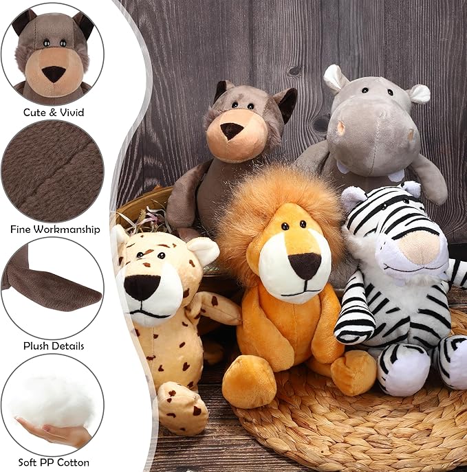 Elcoho 8 Pieces Safari Stuffed Animals Plush Jungle Animal Toys 9.8 Inch Zoo Stuffed Animals Set Cute Plush Toys for Animal Themed Parties Teacher Student Award, 8 Styles