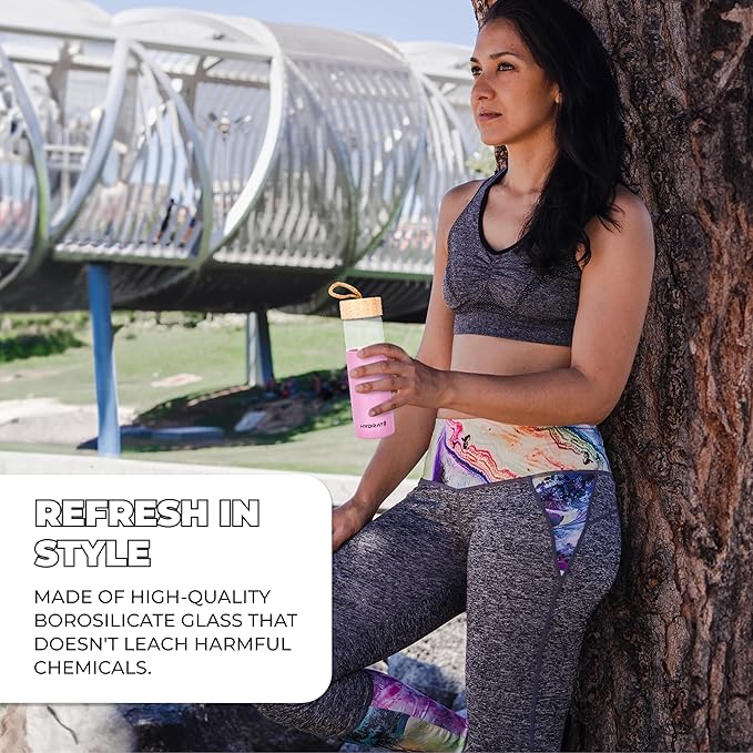 HYDRATE Glass Water Bottles 25 oz - Gym Drinking Bottles with Slip Resistant Silicone Sleeve and Leak Proof Bamboo Lid - Clear Sports Bottle Made of Borosilicate Glass - 10 x 3 inches - Pink