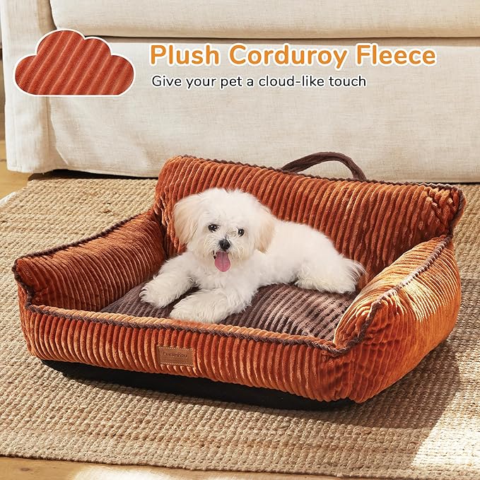FUKUMARU Cat Couch Bed, Fluffy Corduroy Cat Beds for Indoor Cats with Washable Cover, Waterproof Small Dog Sofa Beds with Portable Handle and Anti-Slip Bottom, Pet Beds & Furniture 28inch, Orange